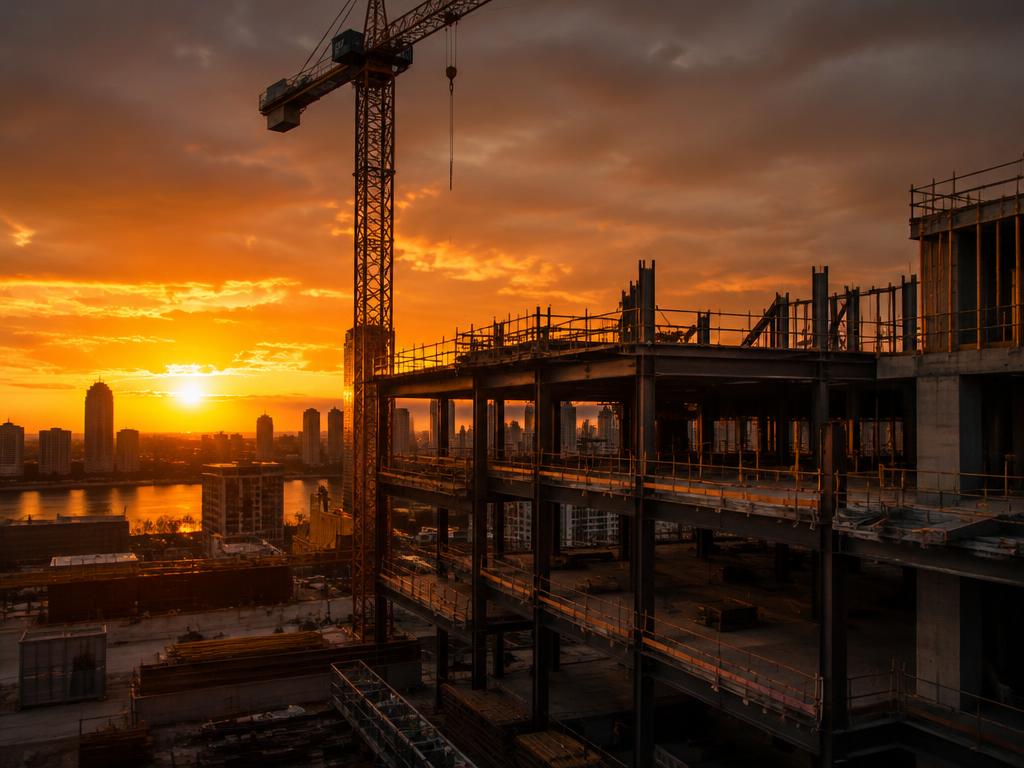 London construction site at sunset